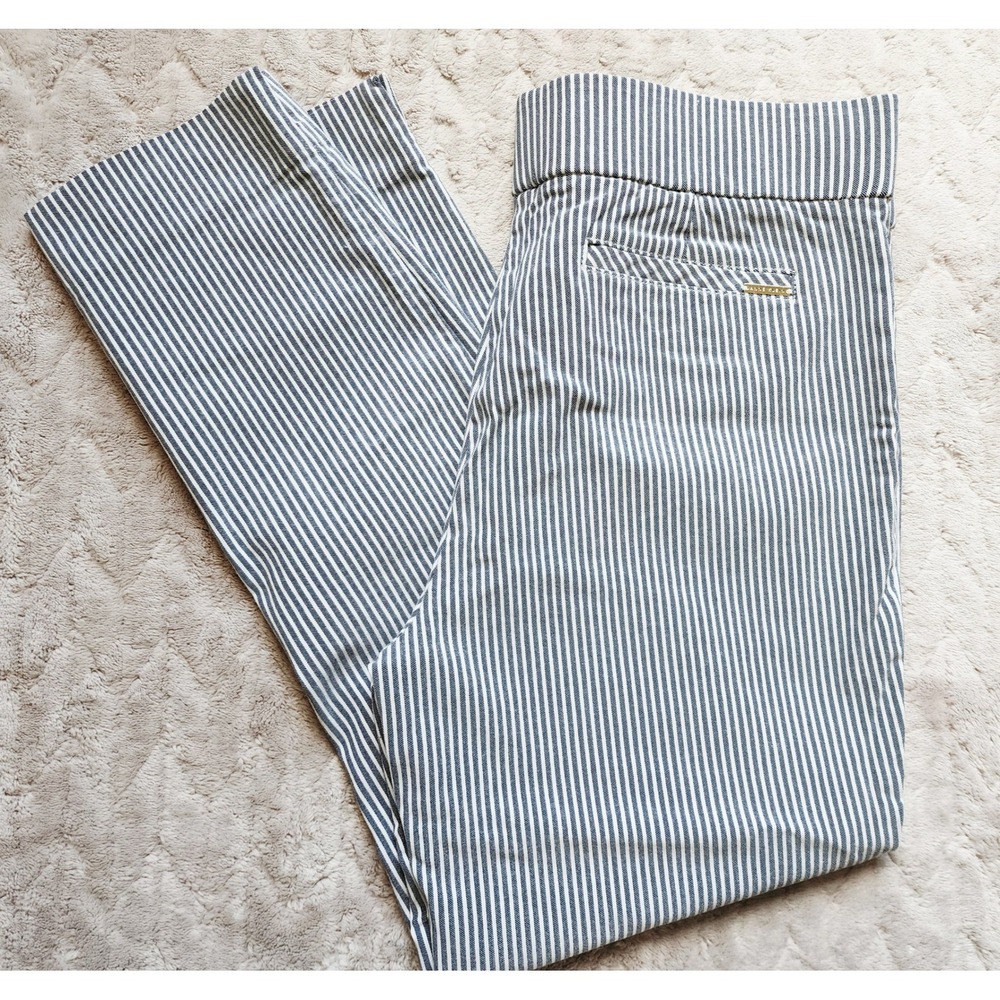 Anne Klein Navy White Striped Ankle Pants Pull On Trousers Womens 10 Slim Fit